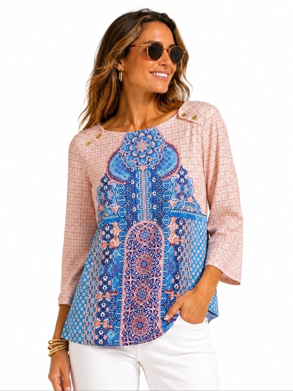 Cabana Life Casual Top Tunic 3/4 sleeve EUC Women’s M  blue pink peach